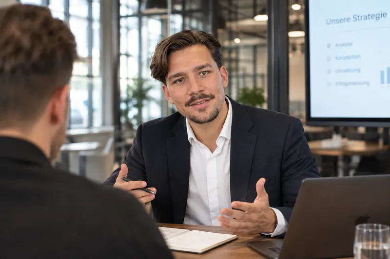 Tom Falz im Beratungsgespräch mit einem Kunden am Besprechungstisch